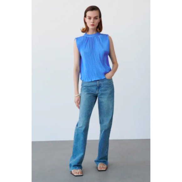Zara Blue Pleated Satin Effect Top - Picture 1 of 5